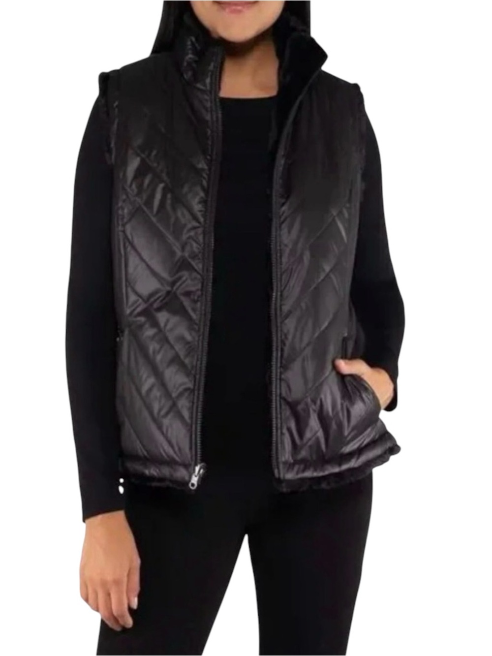 Nicole Miller Black Reversible Quilted Faux Fur Insulated Puffer Vest (M)